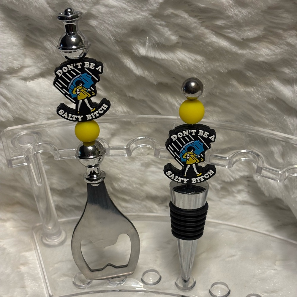 Humorous “Don’t Be A Salty B**ch”Yellow and Silver Bottle Opener and Stopper Set